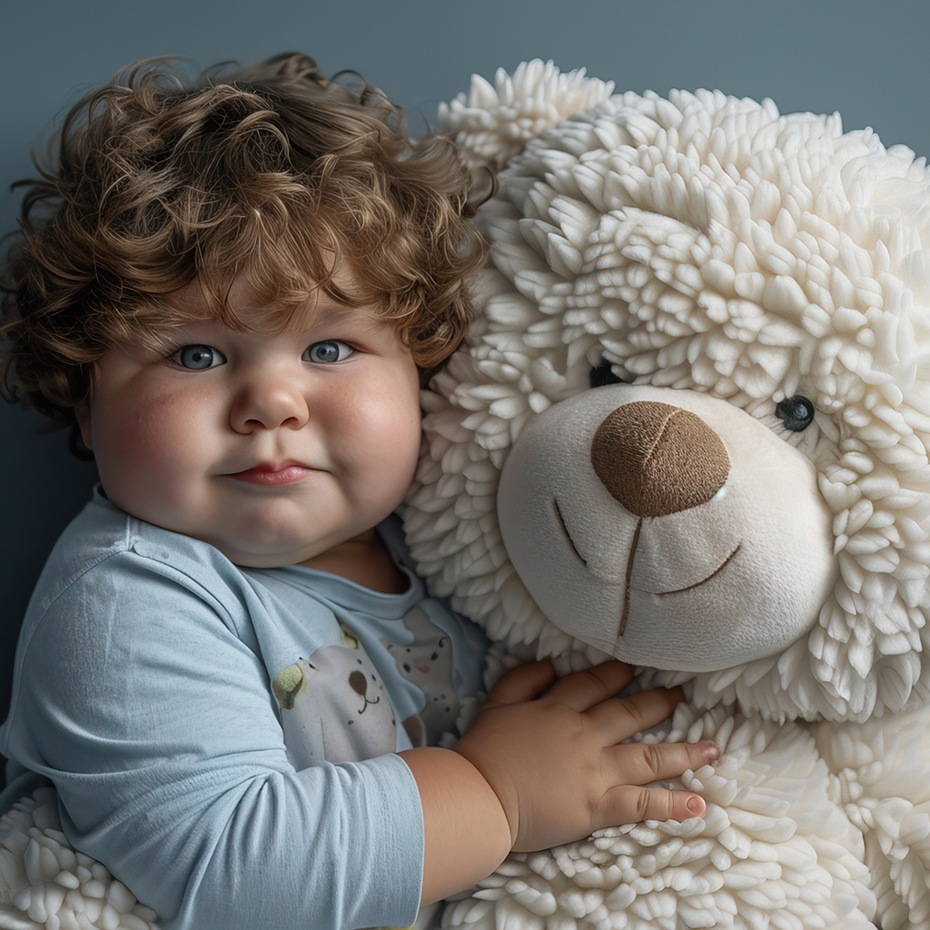 Light blue color. Cute, with a dominant light blue palette. Set within a photographic studio, this scene captures a poignant moment of an obese boy, his figure extremely overweight, radiating innocence. Notably, he is missing one arm, a detail that adds depth to his character without diminishing his joy. He stands prominently in the frame, engaging in a tender embrace with a teddy bear of extraordinary proportions--towering at ten times the size of a typical teddy bear. The backdrop, a smooth, creamy color, sets a tranquil stage, enhancing the affectionate connection between the boy and his plush companion. Dressed in bright attire that pays homage to his heritage, he manages to wrap his remaining arm around the bear with all his might, his face a beacon of wonder, affection, and unadulterated happiness. The soft, ambient studio lighting accentuates the teddy bear's massive scale and casts a soft glow, enriching the scene's warmth and sweetness. This image is more than a mere depiction of a child with a toy; it's a vivid portrayal of pure, tender connection and the boy's profound affection for his gigantic teddy bear, aiming for high quality and realism. The narrative and visual elements combine to celebrate his spirit and resilience, highlighting a moment of joy and inclusivity in a plush, teddy bear-filled wonderland. --ar 3:2 --style raw --stylize 500 --v 6 Job ID: e4664689-7161-4a6f-800c-8ab75b16bdc3